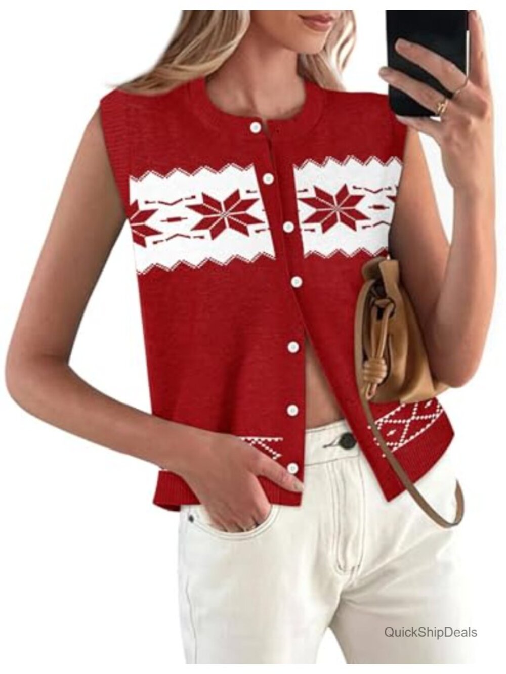 Womens Sleeveless Sweater Vest Button Up Crew Neck Lightweight Knit Cardigan